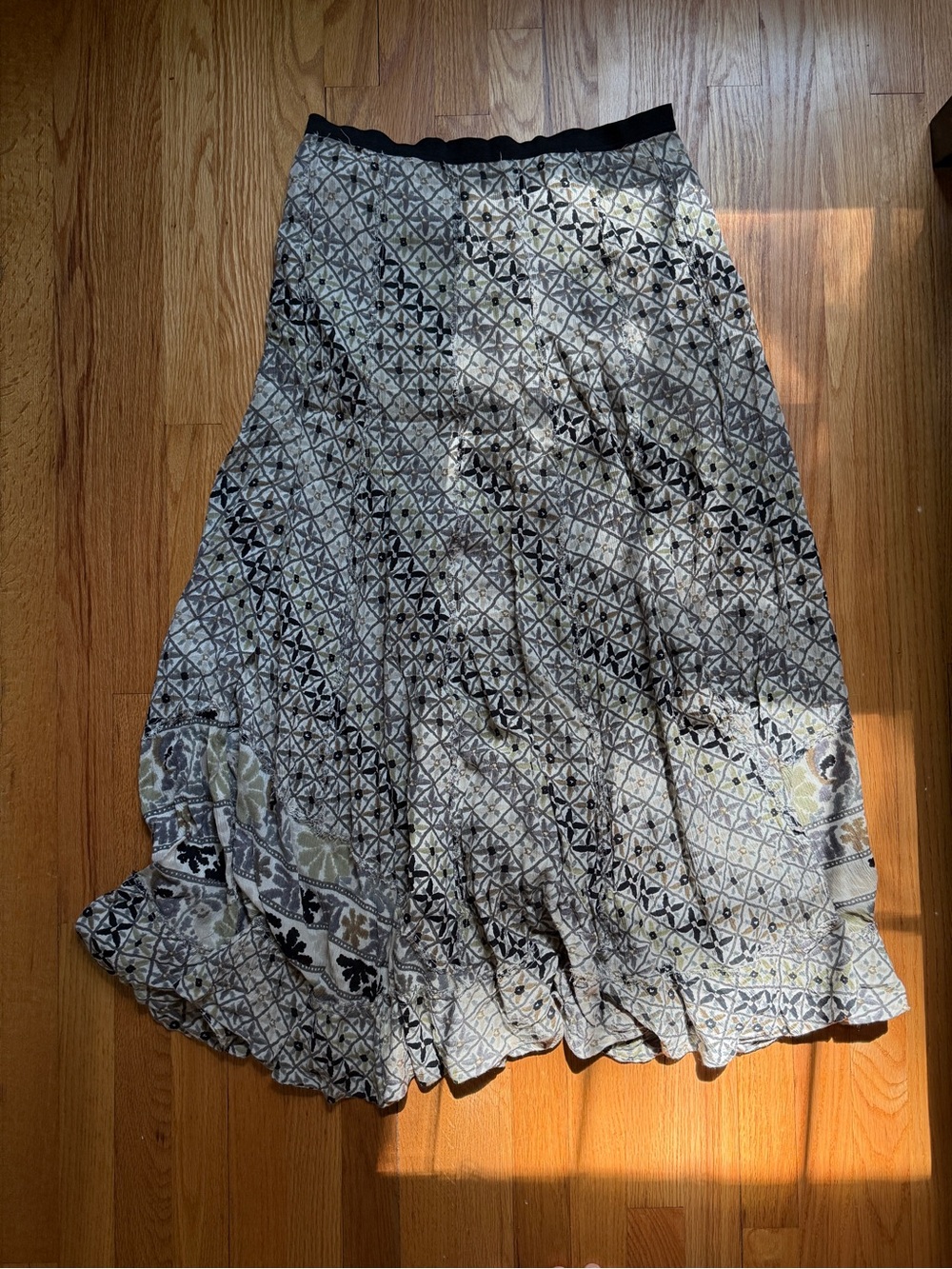 Free People FP One Printed Black & Cream Maxi Skirt with Green Accents